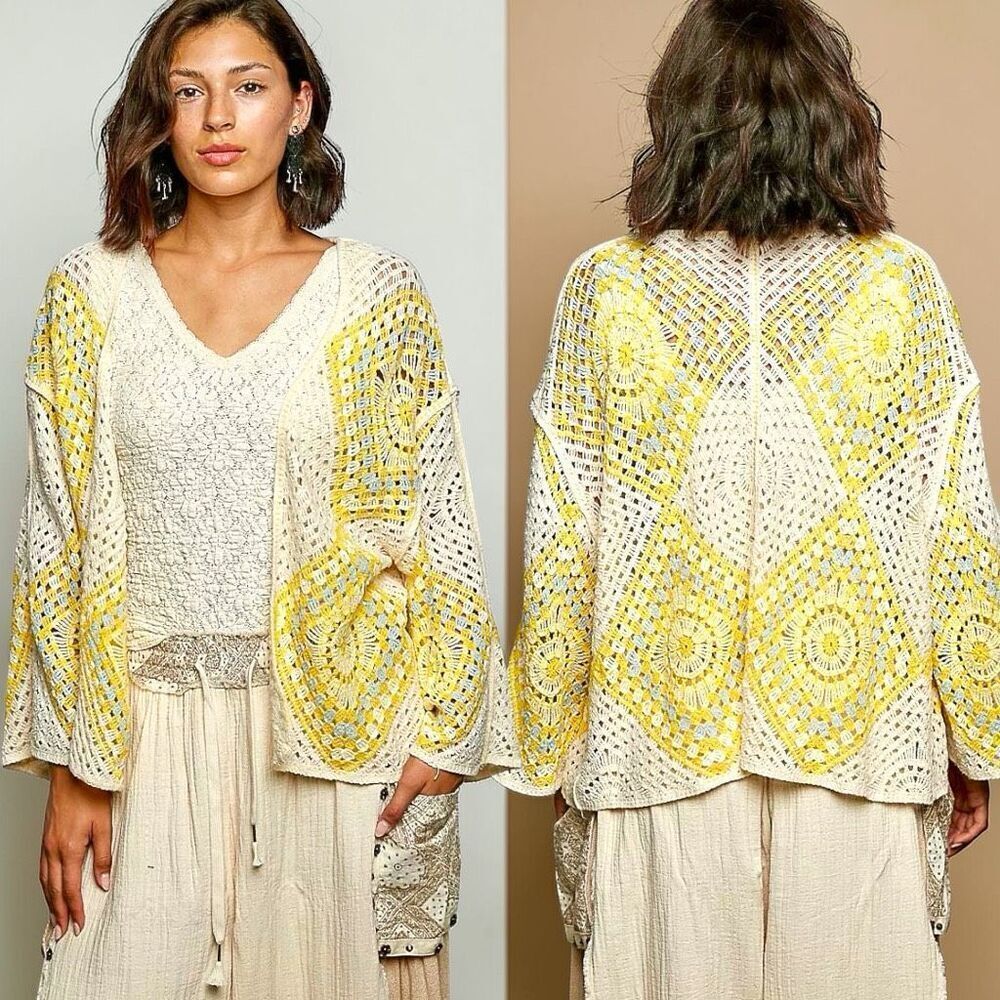 POL Crochet Granny Square Cardigan Yellow Boho Festival Layering NEW